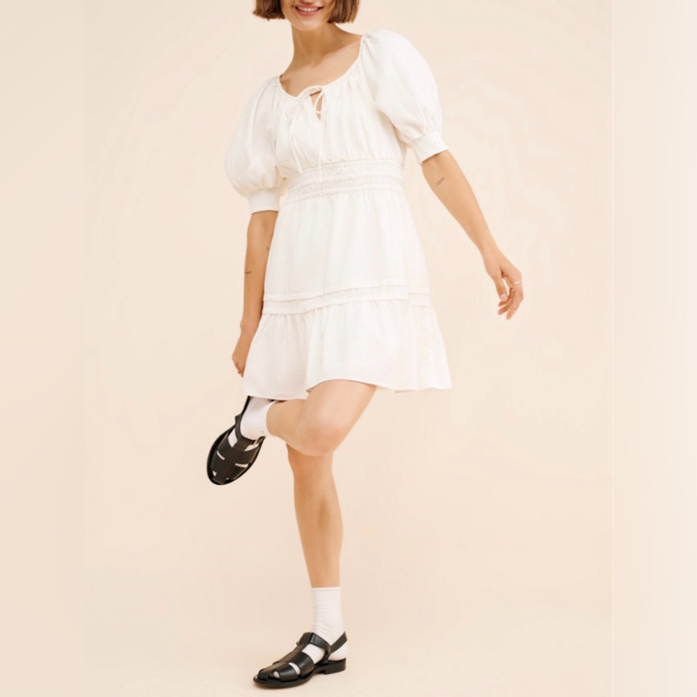 1X by Anthropologie White Somerset puff sleeve mini dress with smocked waist.1X